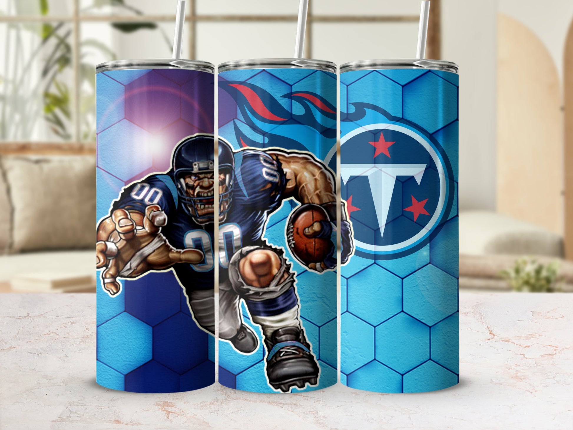 Aggressive Football Player Design Blue Hex Pattern Tumbler