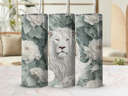 White lion's head on floral background, three tumblers.