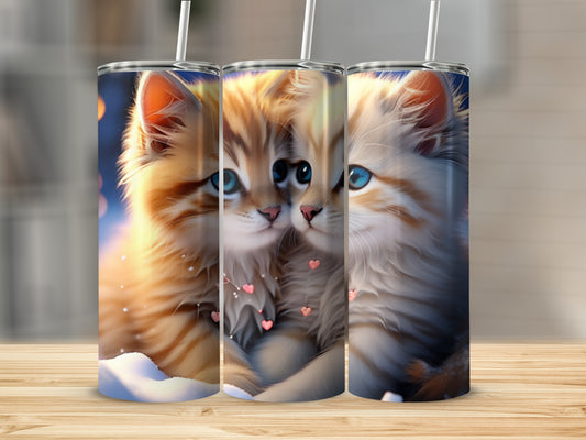 Two fluffy kittens with hearts, one orange, one white, with straws.