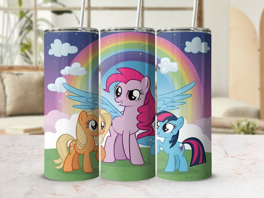 Three cartoon ponies with rainbow background on stainless steel tumblers.