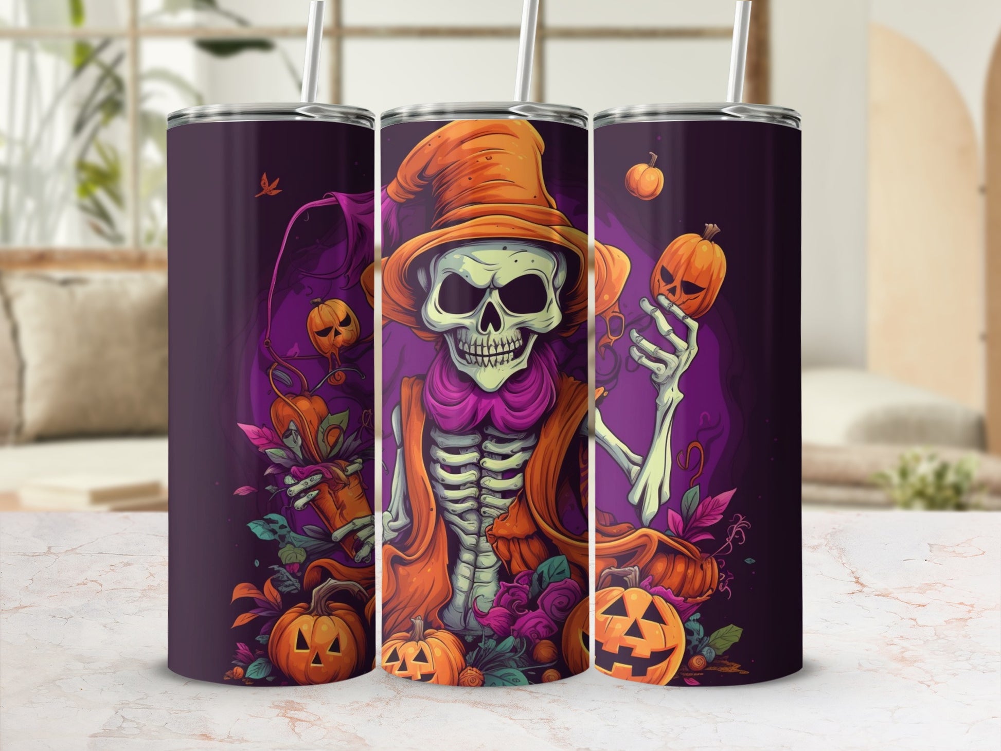 Halloween skeleton wearing an orange hat and scarf, holding pumpkins.