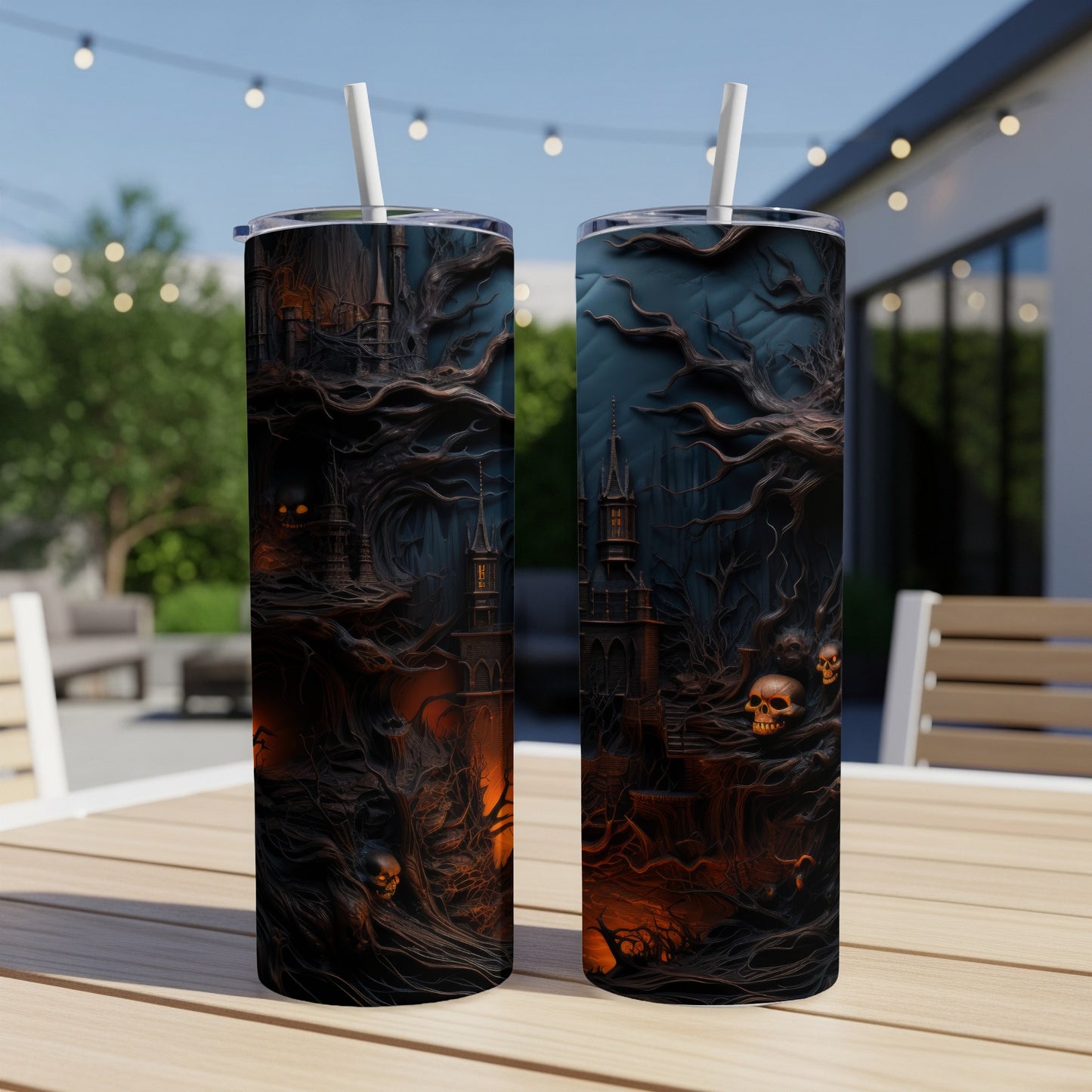 Two tumblers with a spooky haunted castle and skull design.