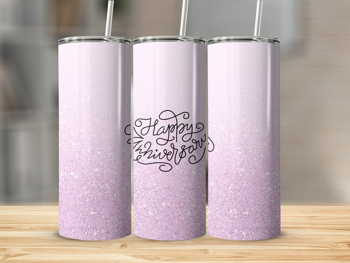 Pink glitter tumbler with "Happy Anniversary" text.