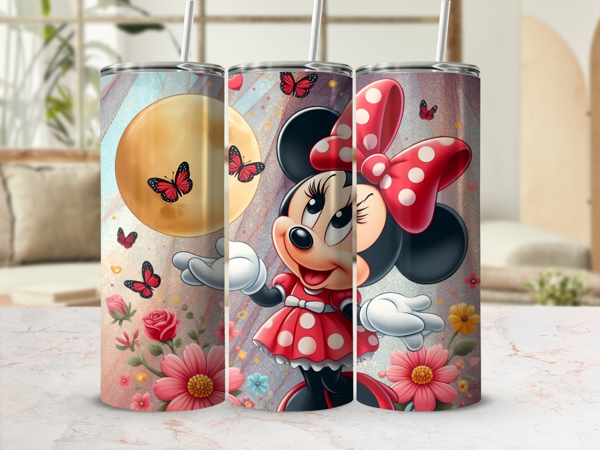 Cute Minnie Mouse Tumbler with Butterflies and Flowers