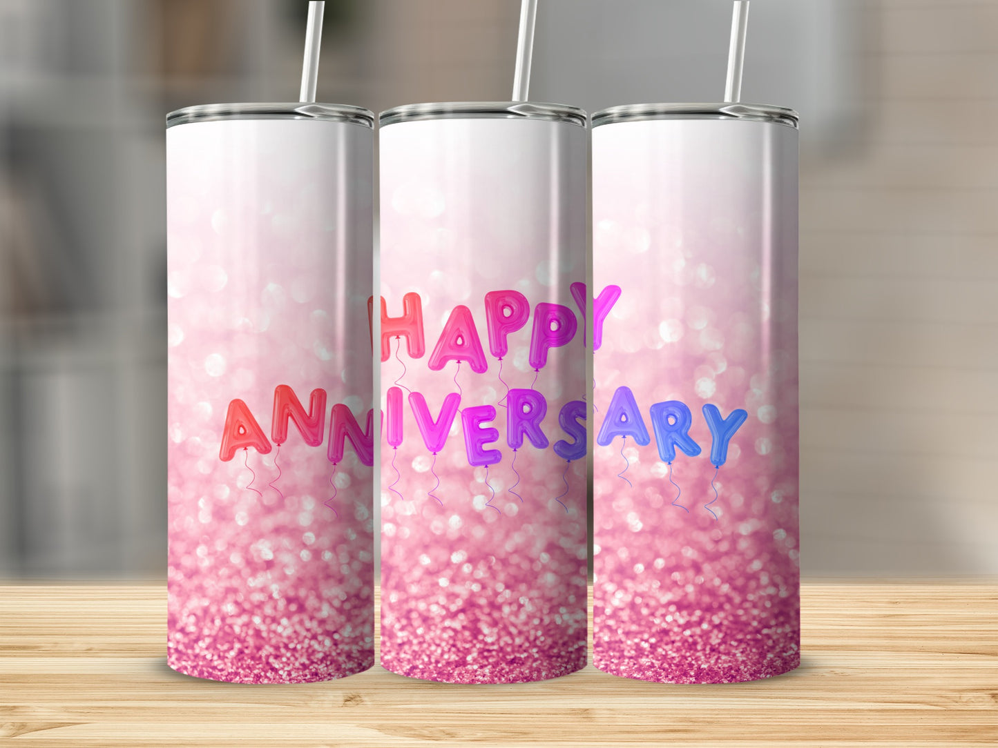 Pink glitter tumbler with "Happy Anniversary" text and balloons.