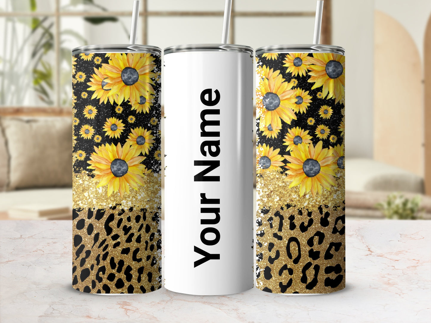 Sunflower and Leopard Print Personalized Tumbler