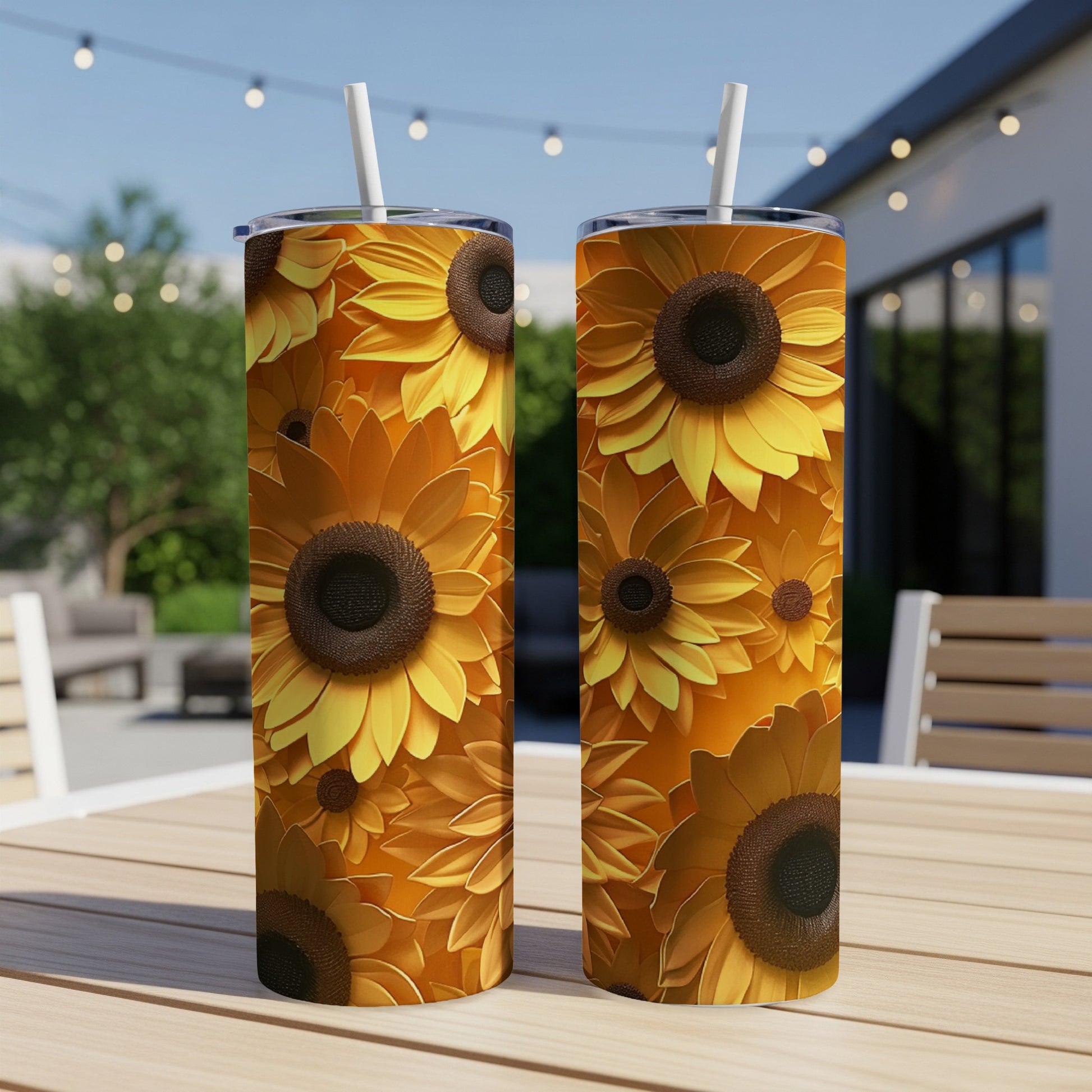 Two sun-themed tumblers with straws on a wooden table.