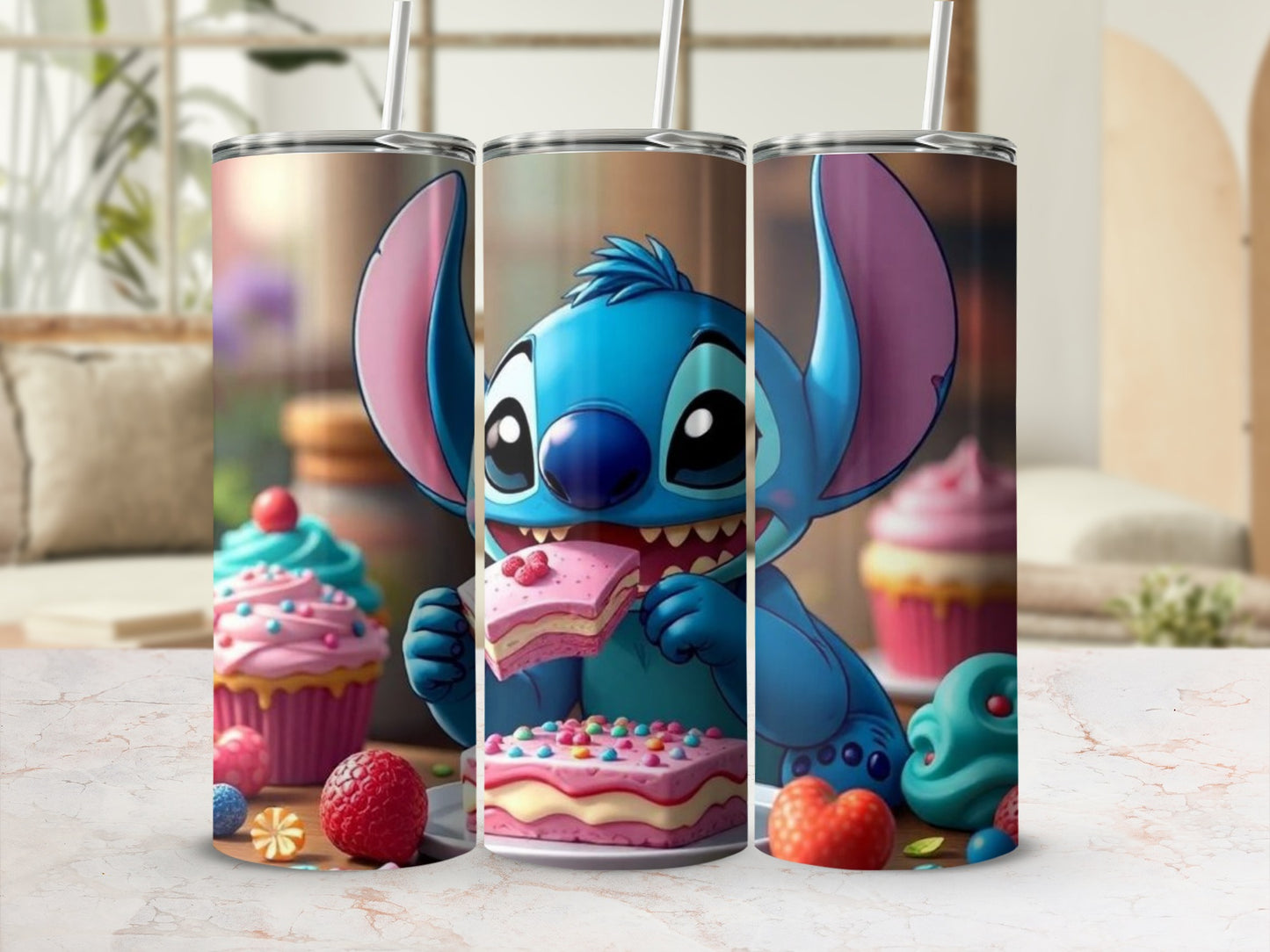 Cute Blue Alien Eating Cupcakes Tumbler Product
