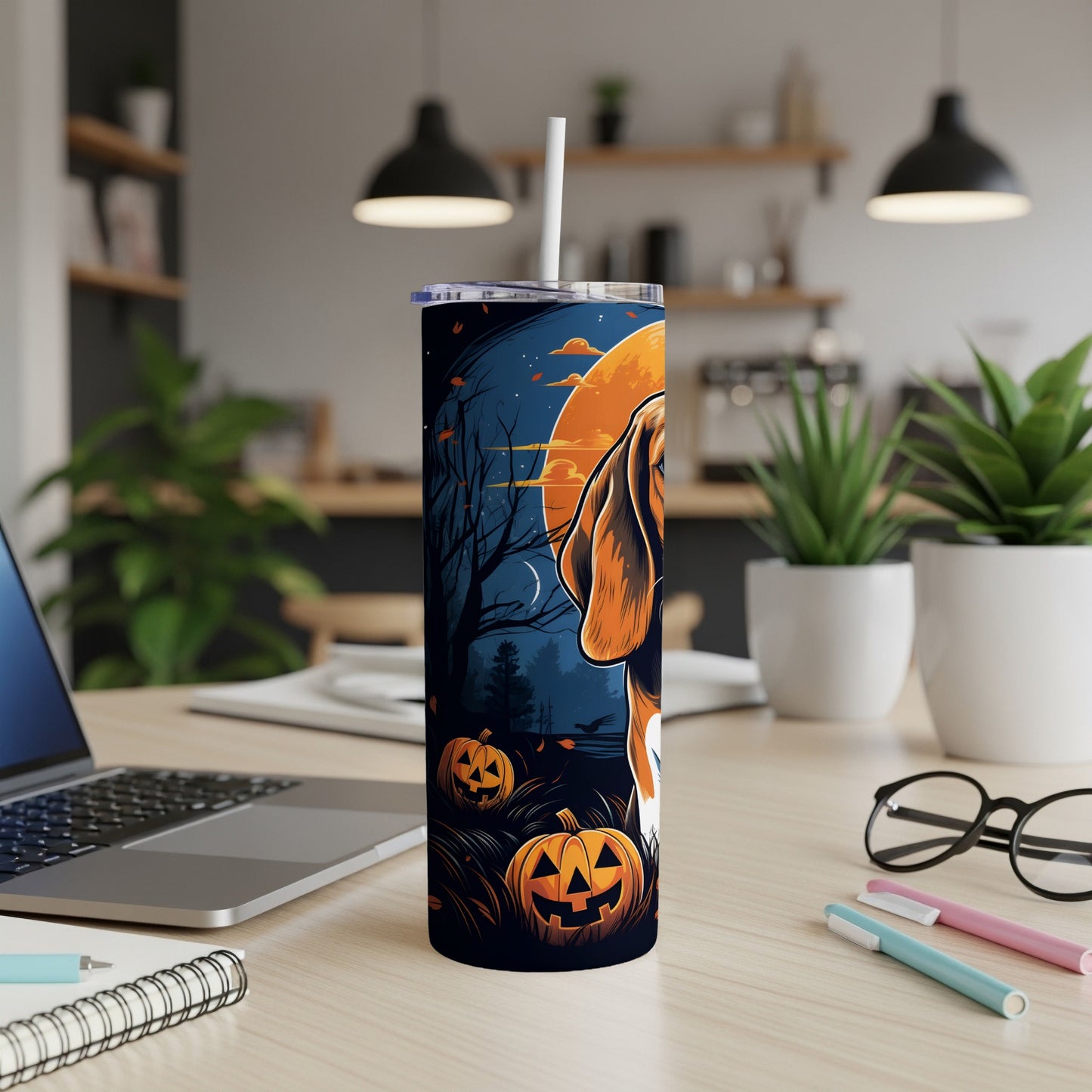 Tumbler with beagle, jack-o'-lanterns, and moon on a dark, spooky background.