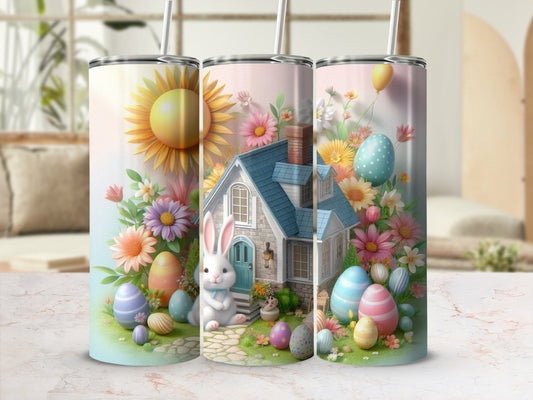 Three tumblers with Easter eggs, a bunny, and a house on a floral background.