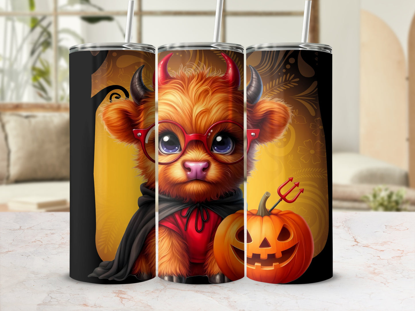 Cute Devil Cow with Pumpkin Halloween Design Tumbler