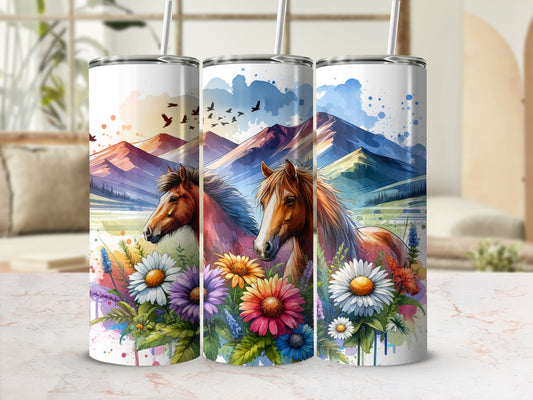 Three tumblers featuring horses and wildflowers against a mountain landscape.