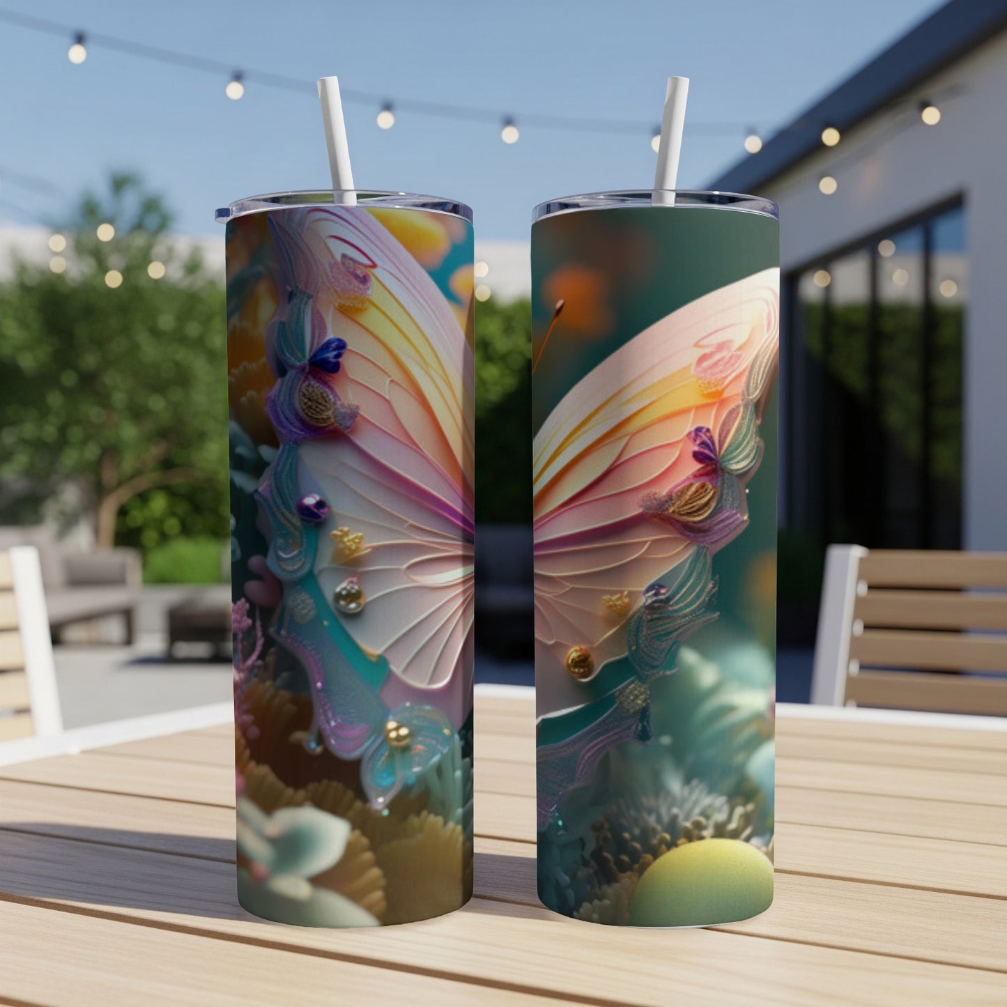 Two skinny tumblers with iridescent butterfly wing designs.
