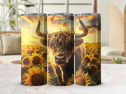 Highland cow in sunflower field at sunset, wrapped on three tumblers.