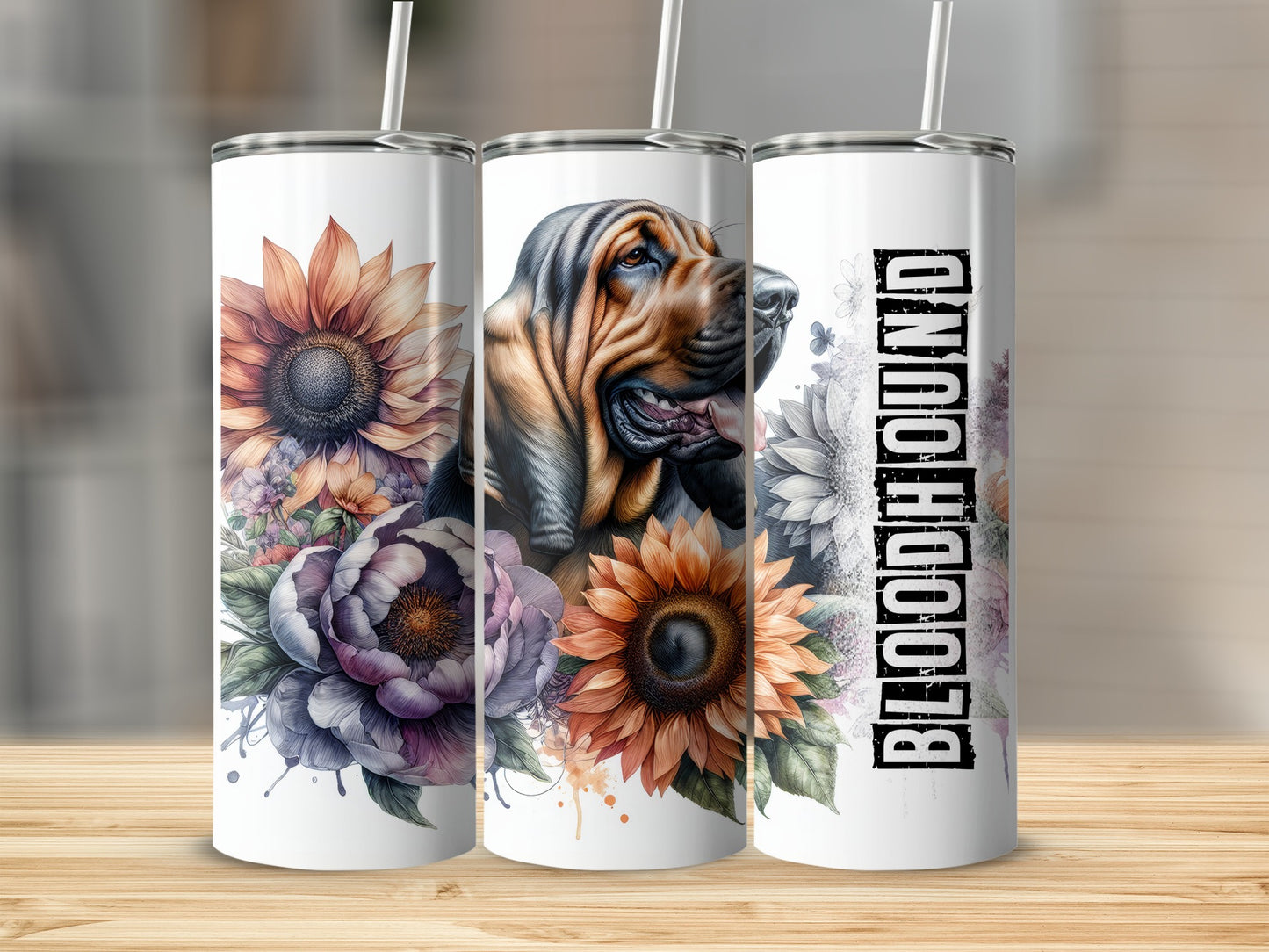 Tumbler with Bloodhound and floral designs.