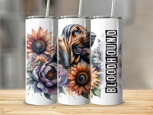 Tumbler with Bloodhound and floral designs.