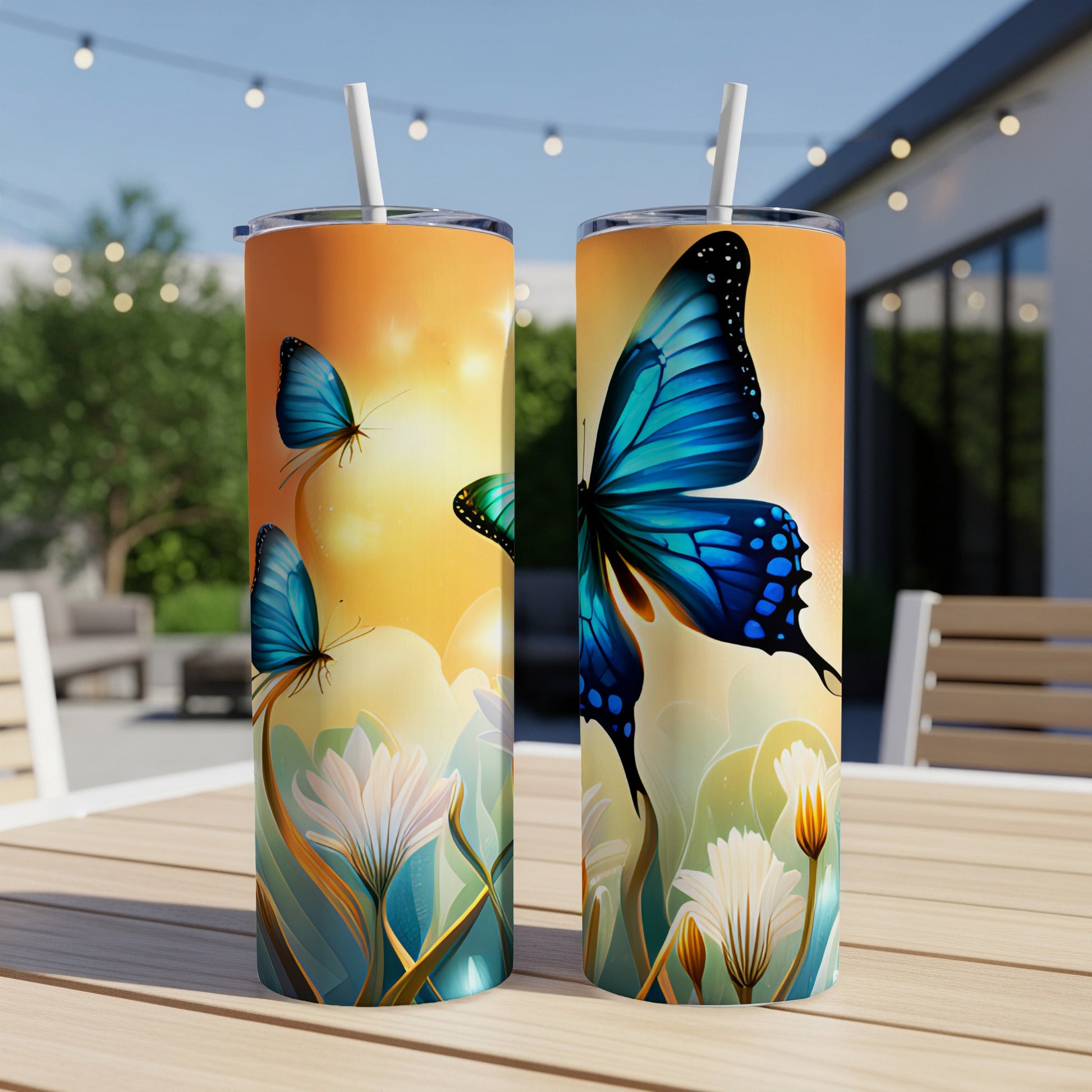 Two tumblers with blue butterflies and white flowers against a sunrise background.