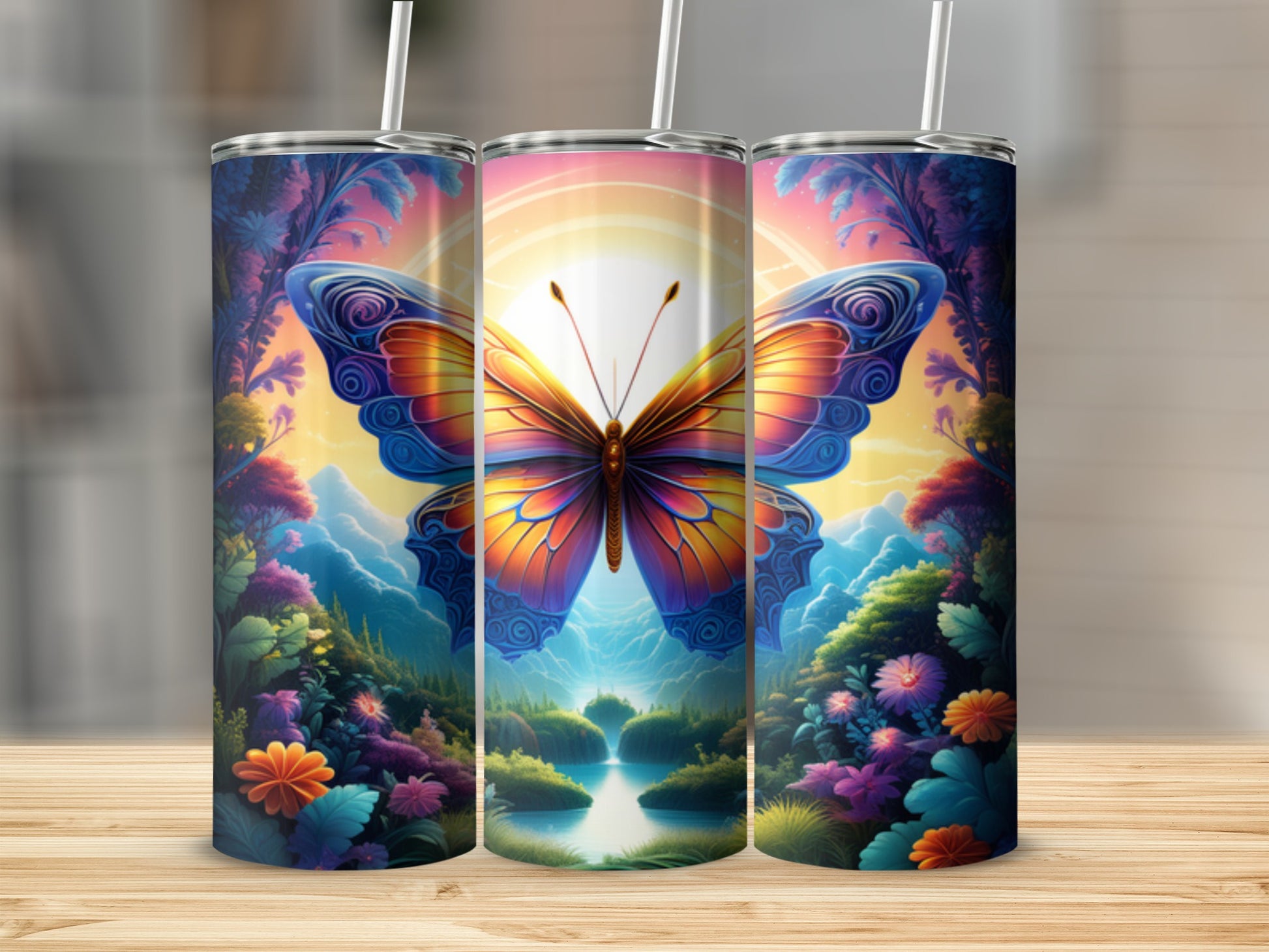 Three tumblers with colorful butterfly and floral nature scene designs.