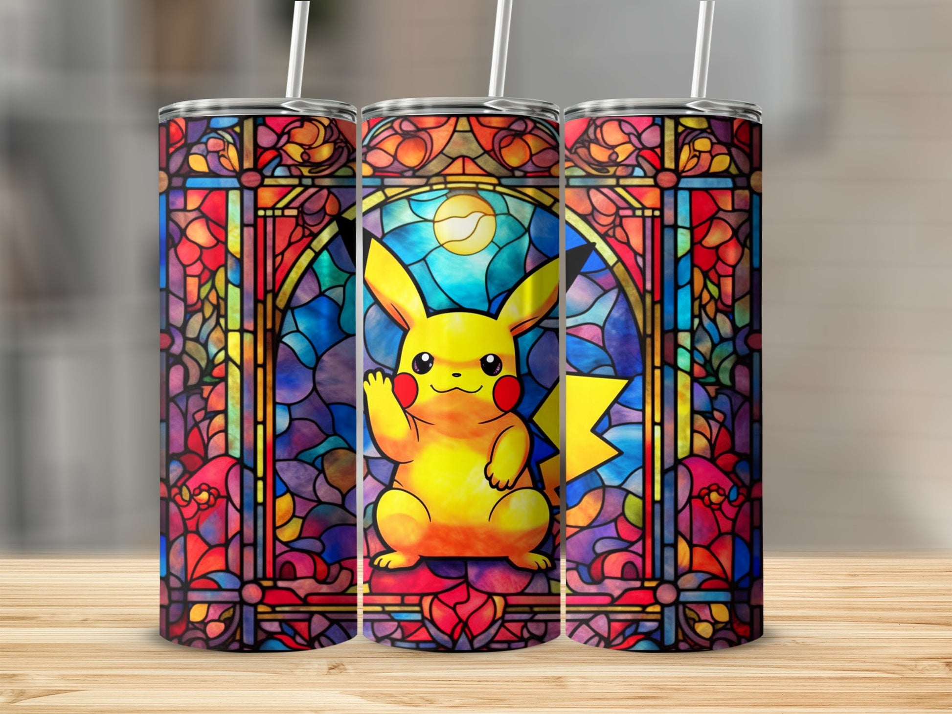 Vibrant Stained Glass Pikachu Tumbler Travel Mug