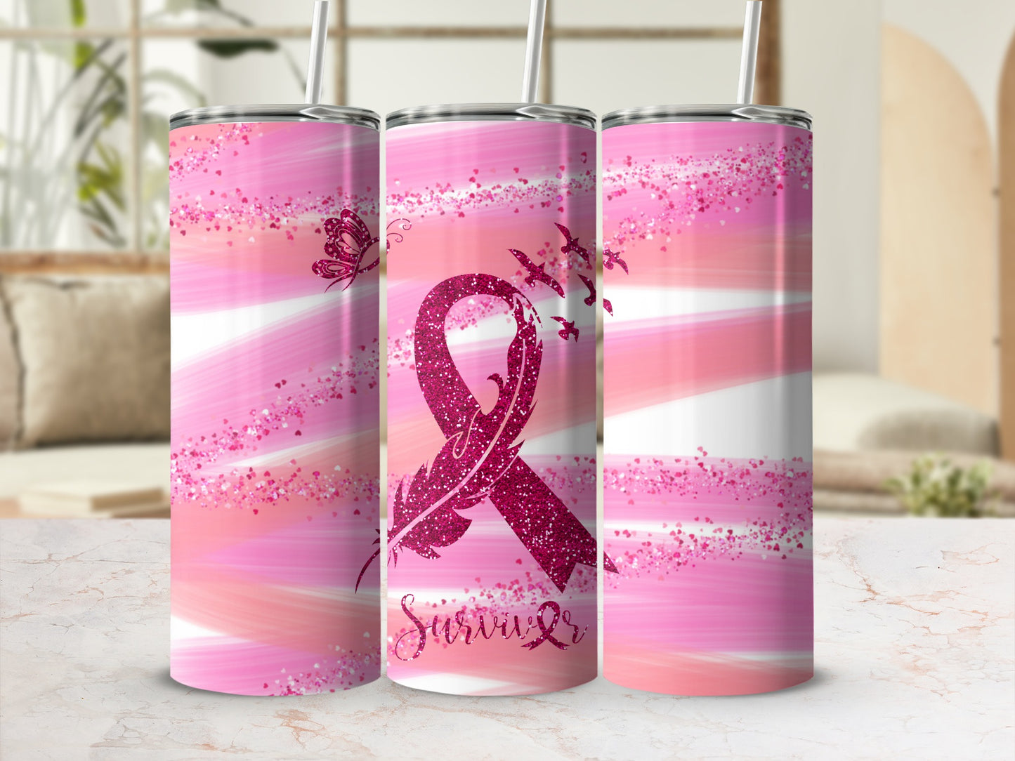 Pink ribbon survivor tumbler with glitter and butterfly designs.