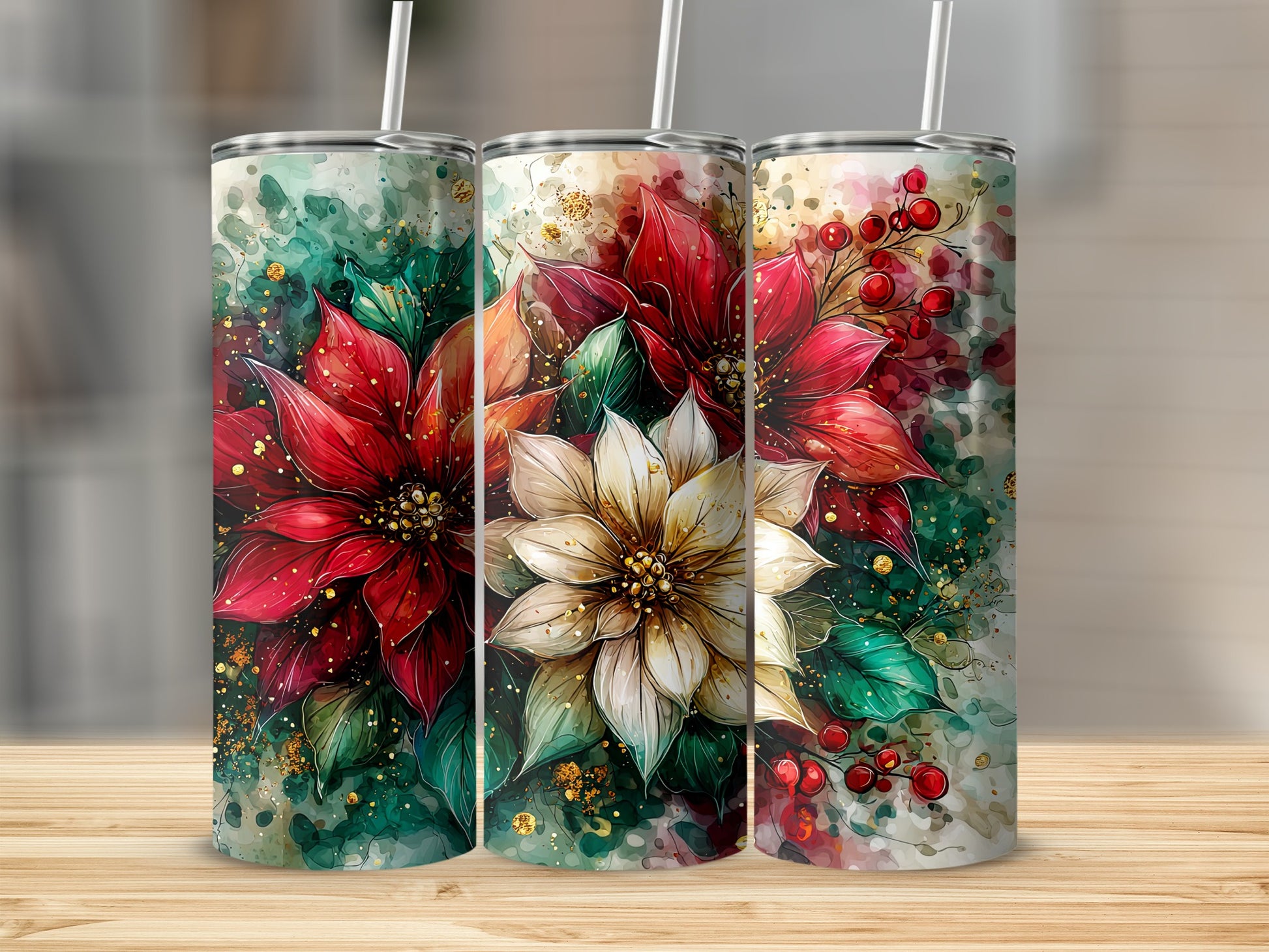 Festive Floral Tumblers Poinsettia Holiday Design Collection