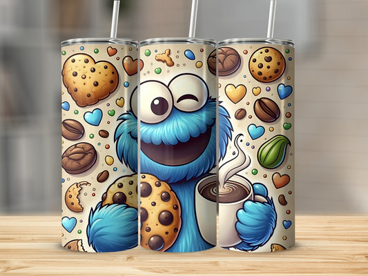 Funny Blue Monster with Cookies and Coffee Tumbler