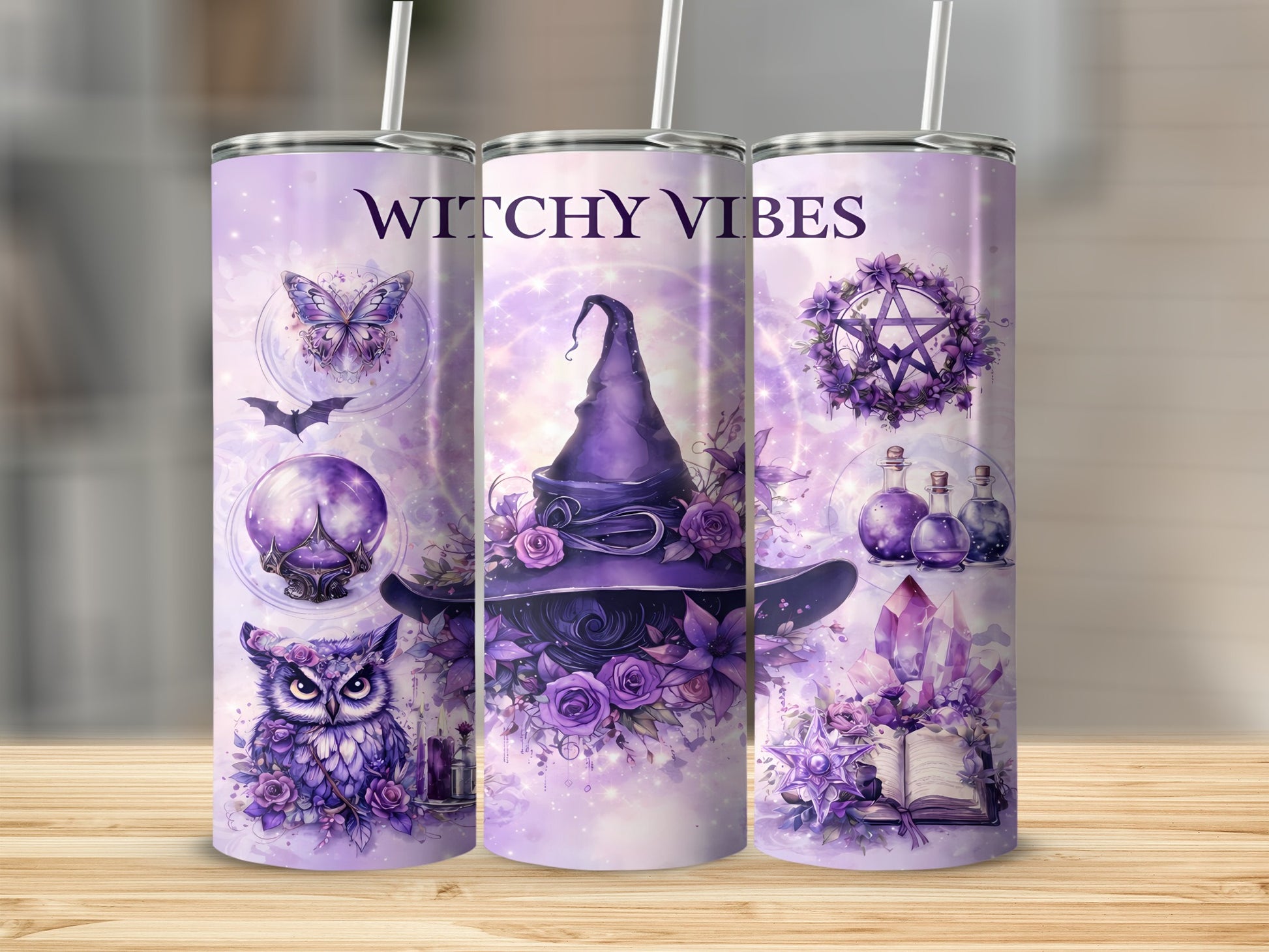 Tumbler with purple witchy vibes design, featuring an owl, witch hat, and crystals.