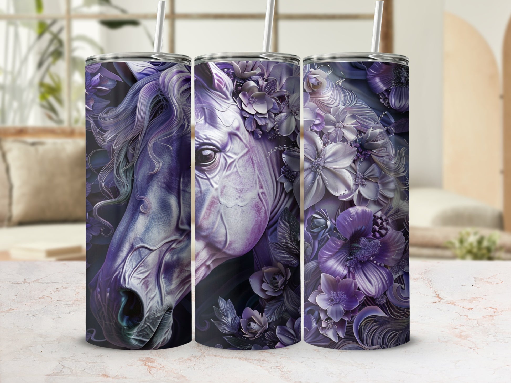 Three purple tumblers featuring a detailed horse head with floral accents.