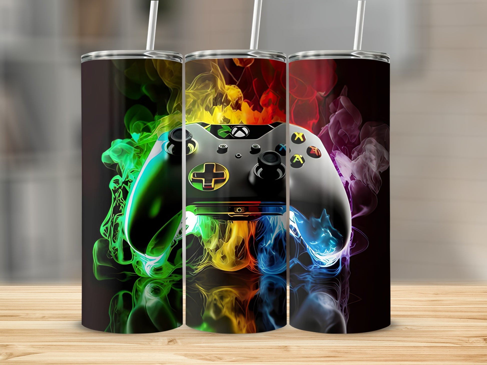 Gaming controller with vibrant, colorful smoke effects on a dark background.