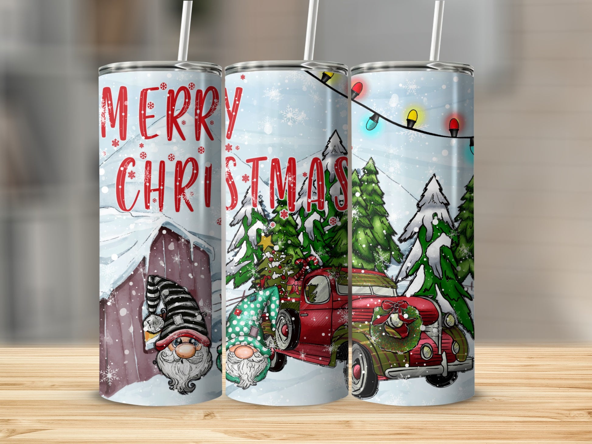 Three Christmas-themed tumblers featuring gnomes, a vintage truck, and festive lights.