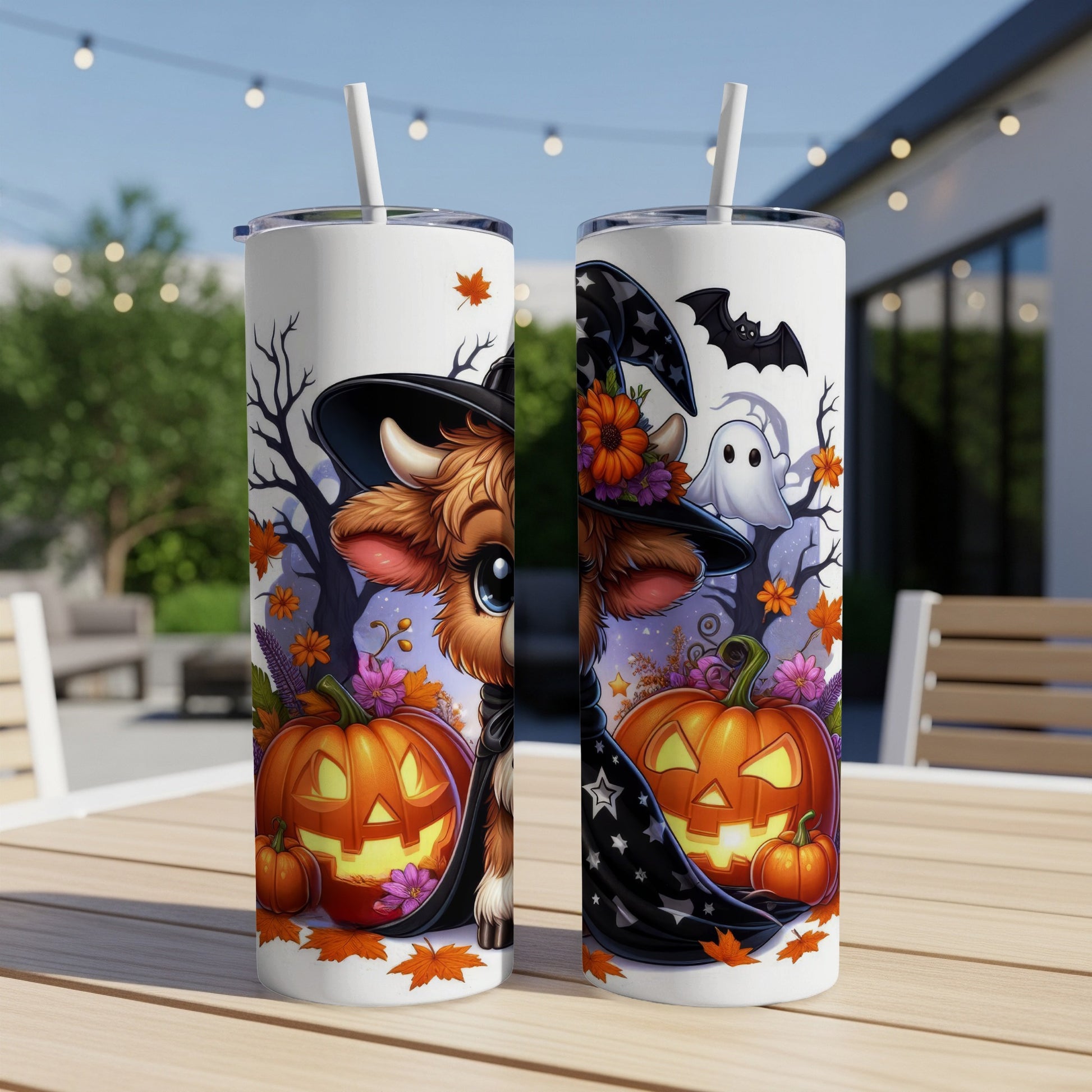 Cow wearing witch hat with pumpkins and ghost, Halloween design.