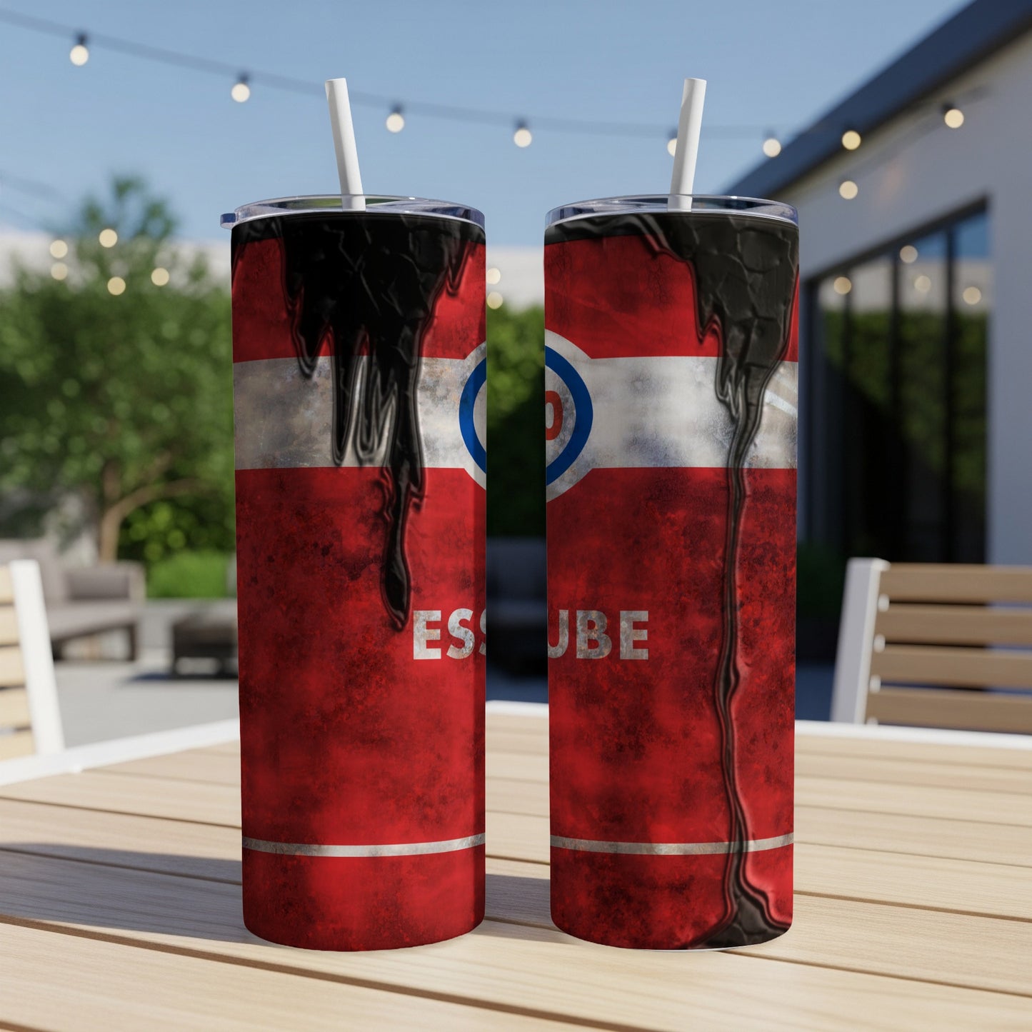 Two tumblers with a distressed red, black, and white design.