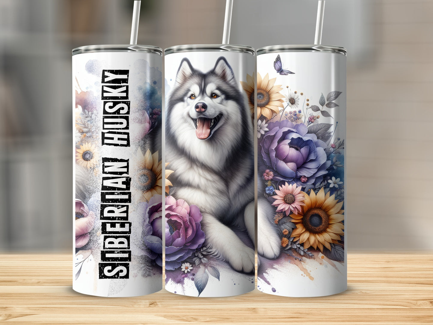 Siberian Husky tumbler with floral designs.