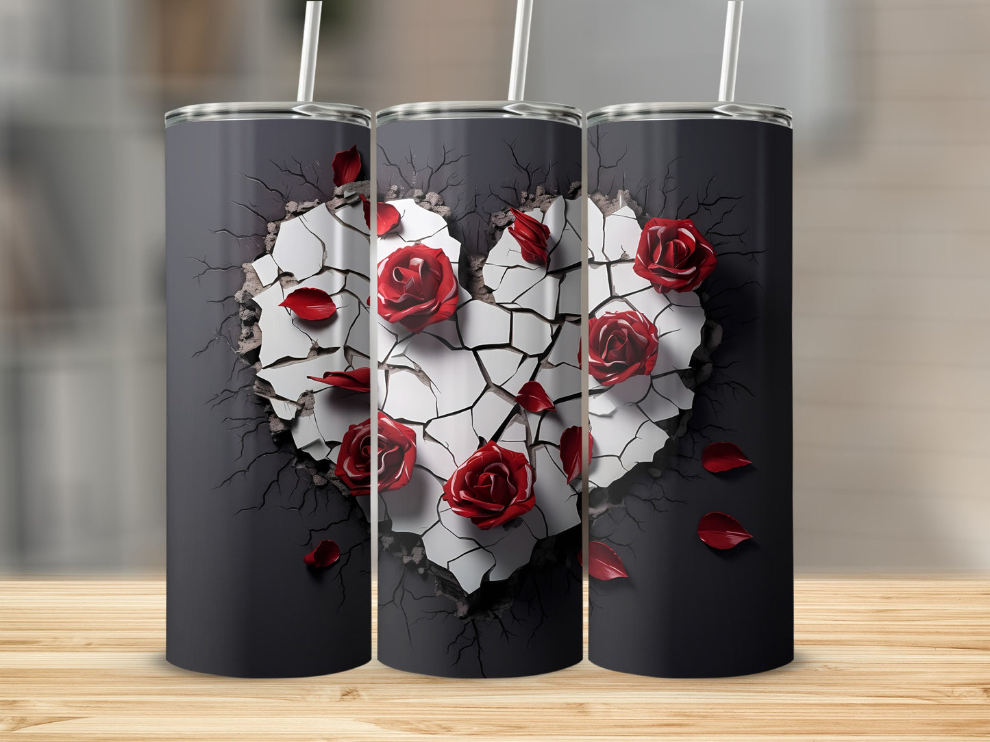 Cracked Heart with Red Roses Tumbler Flask