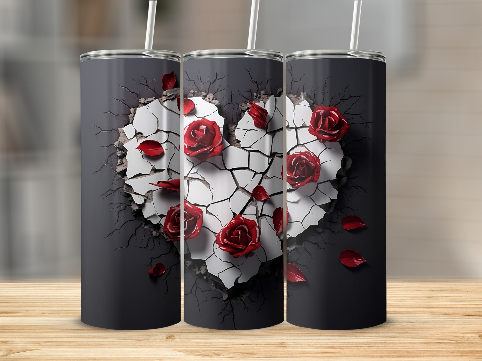 Cracked Heart with Red Roses Tumbler Flask