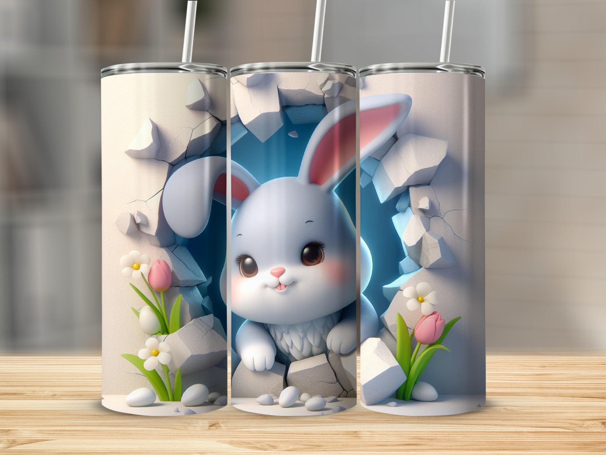 Cute cartoon bunny peeking through a cracked wall with flowers.