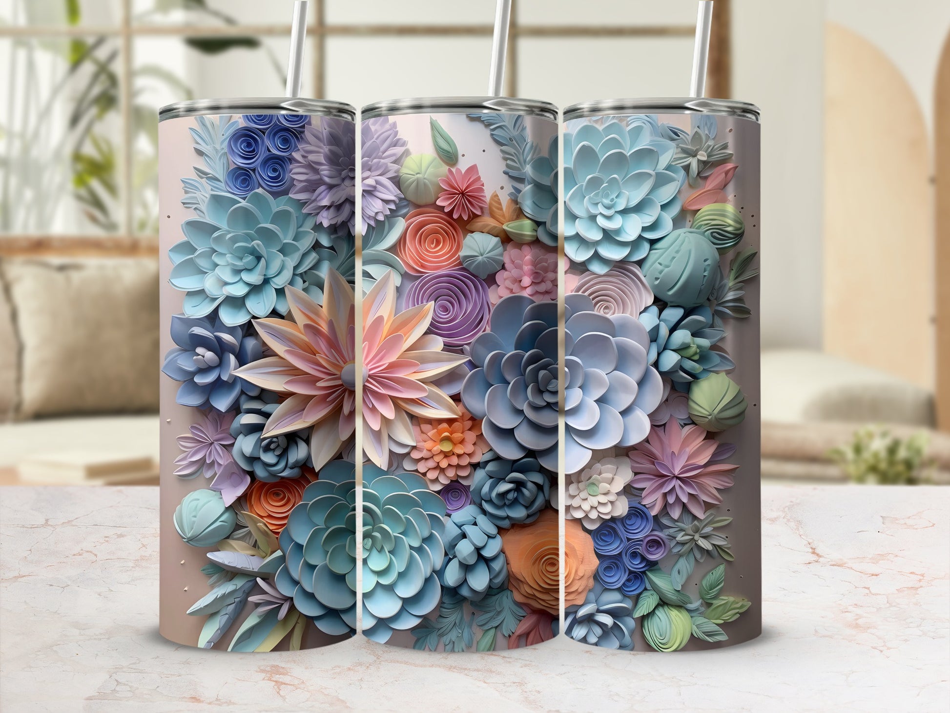 Vibrant 3D Floral Design Insulated Tumbler Cup