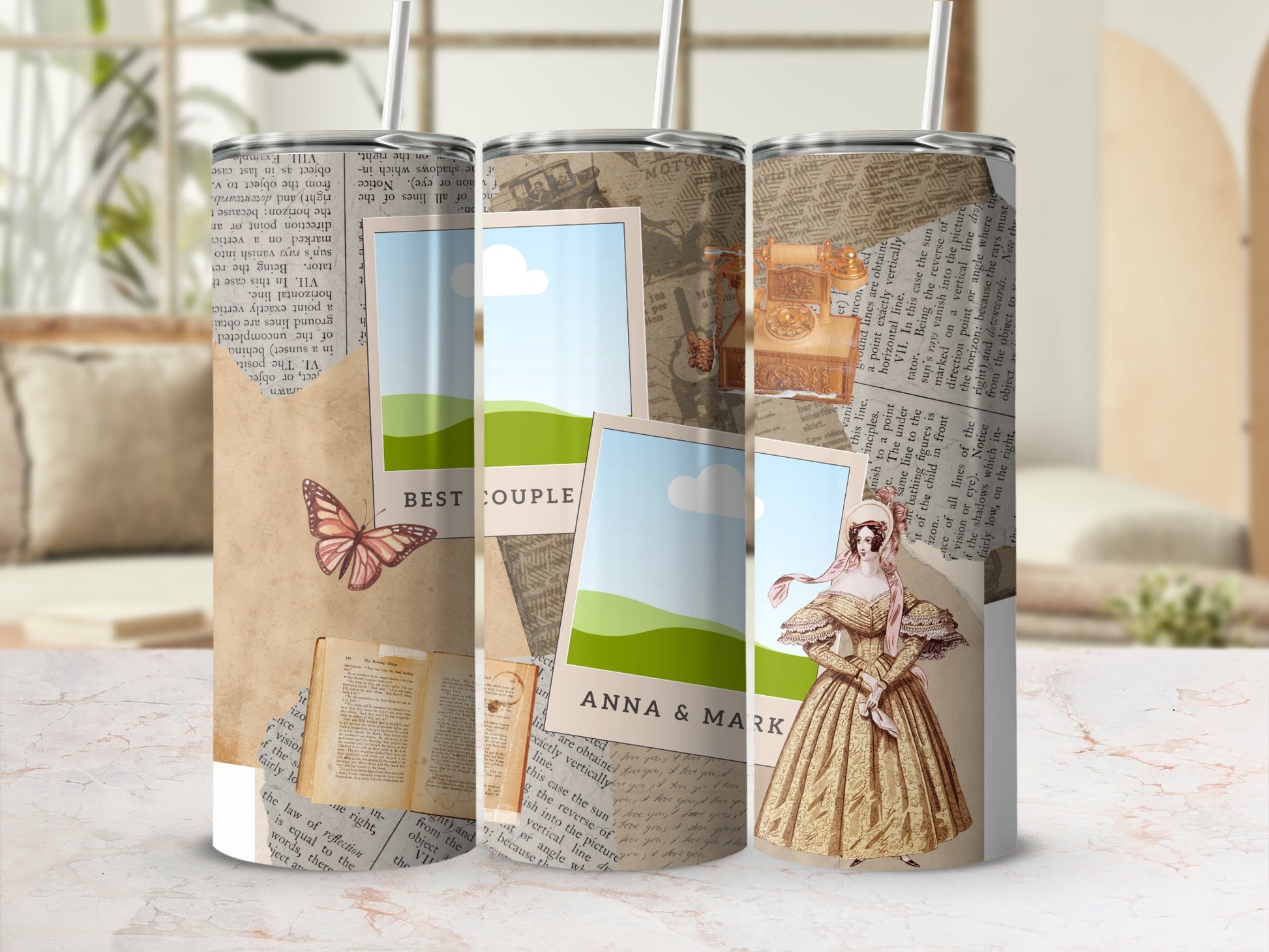 Tumbler with vintage illustrations, photos, and text.