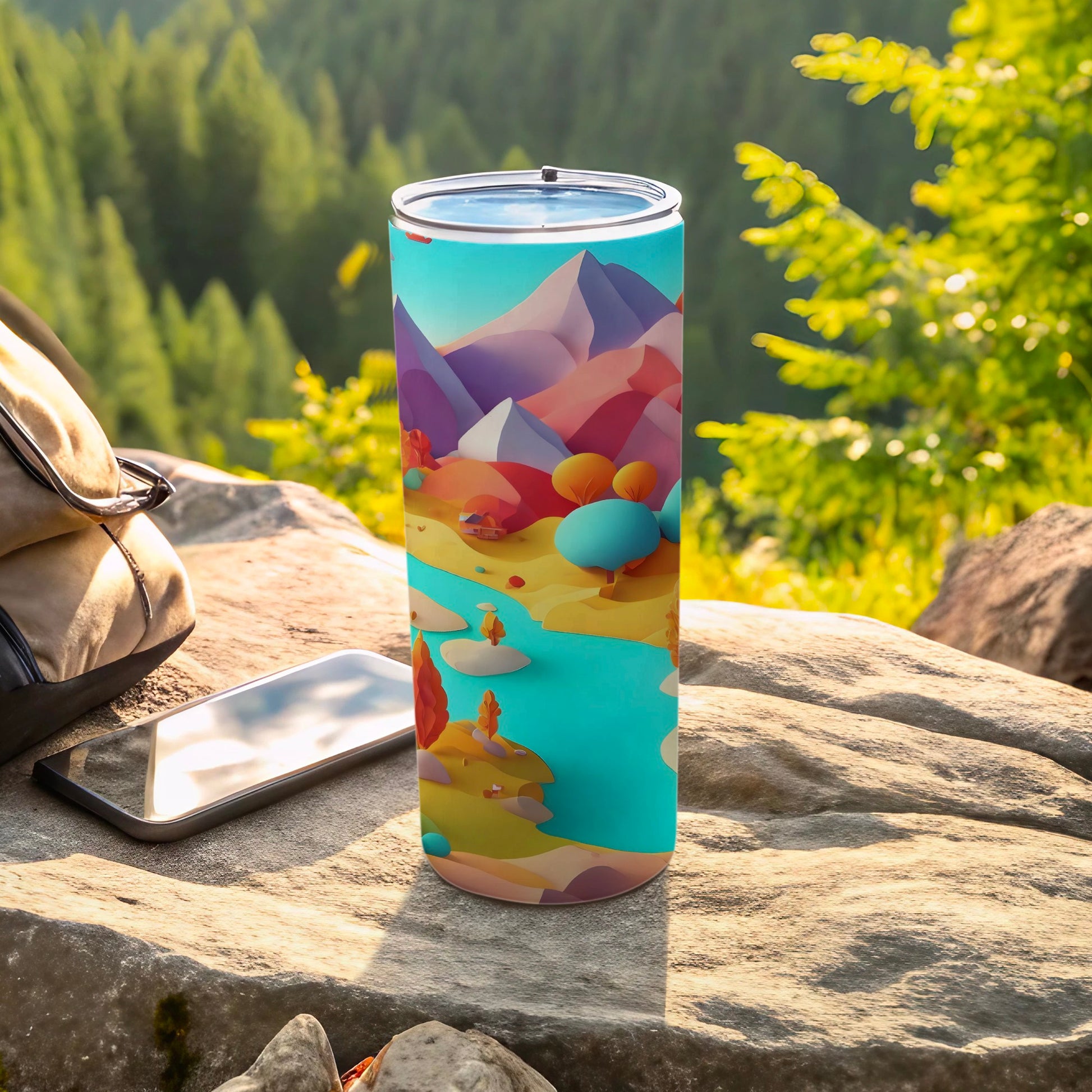 Tall, slim tumbler with a colorful mountain landscape design.