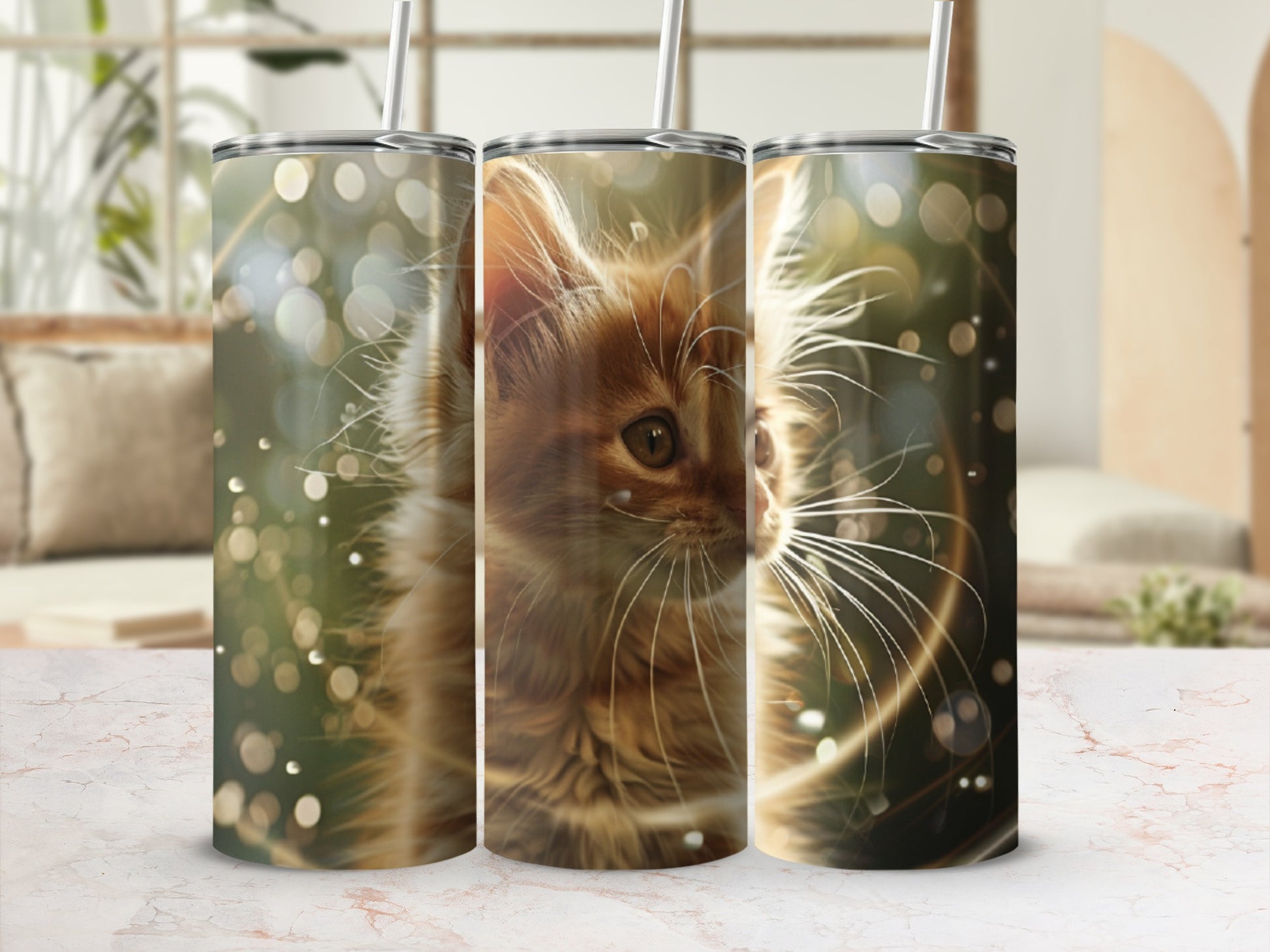 Three tumblers featuring a ginger kitten with light flares.