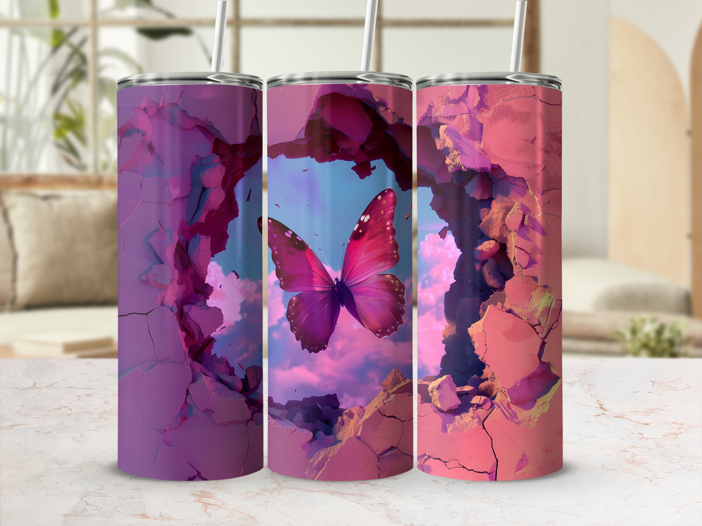 Pink butterfly and abstract shattered effect on tumblers.