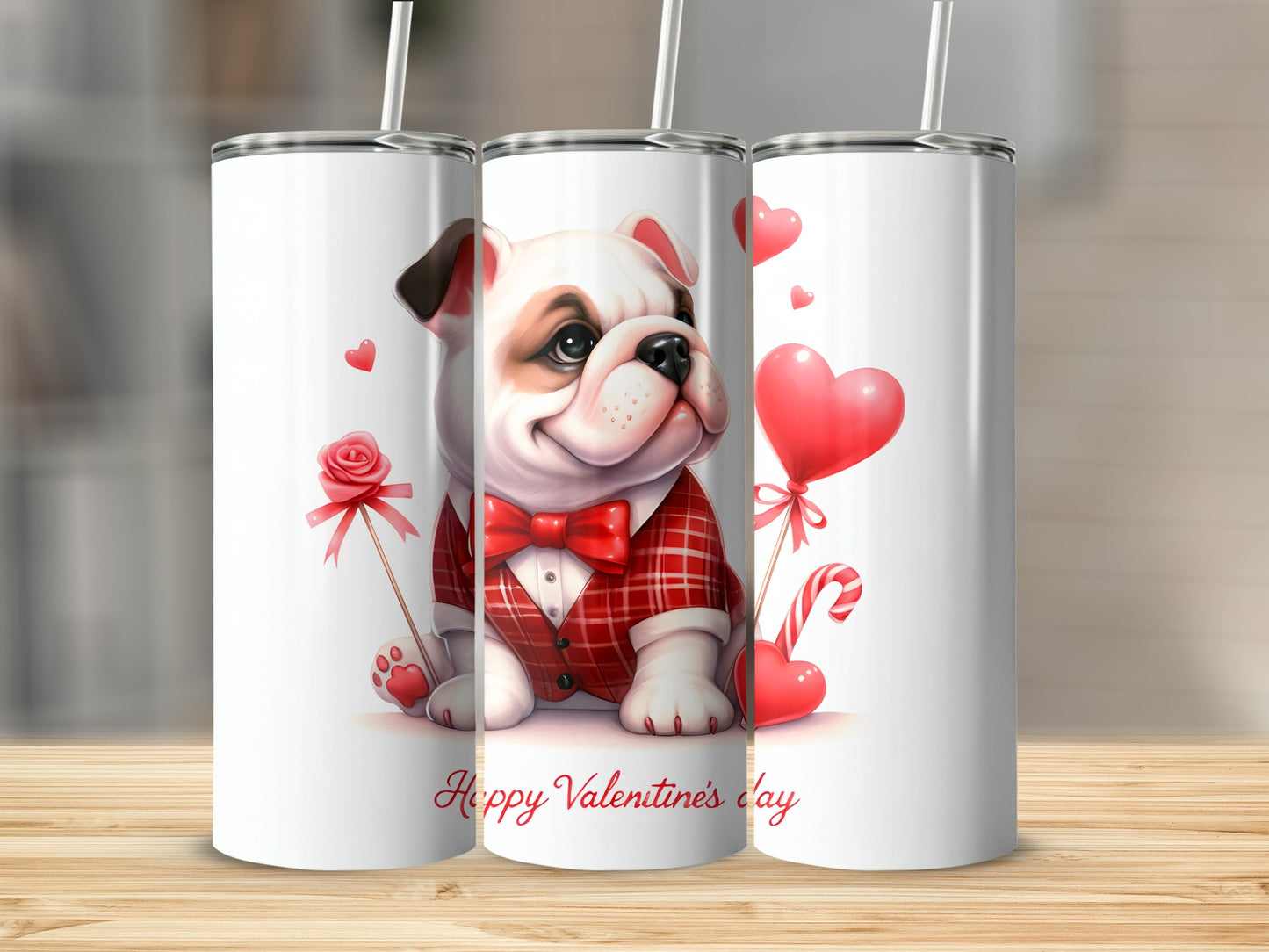 Bulldog wearing a bow tie and plaid shirt with Valentine's Day hearts and candy.