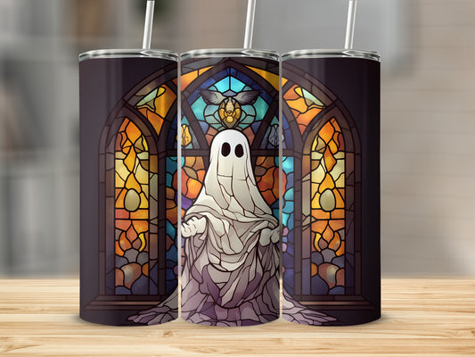 Stained glass ghost tumbler with cathedral window background.