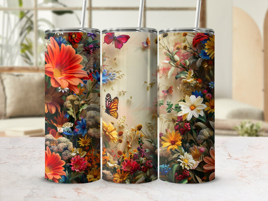 Floral and butterfly pattern on a set of three cylindrical tumblers.