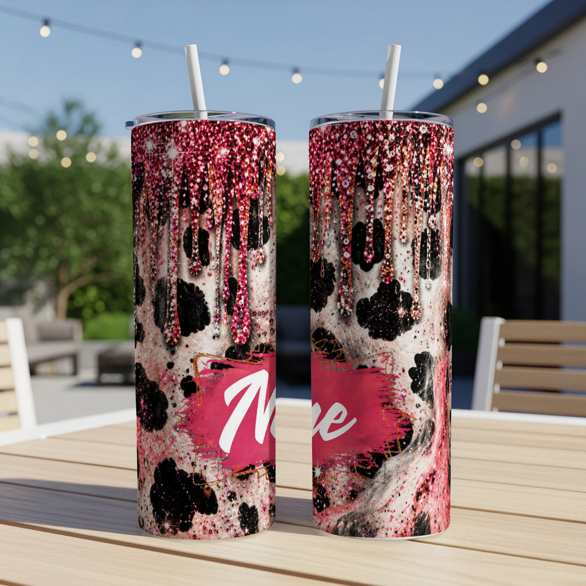Two tumblers with glitter drips and leopard print design, one shows "Nove".