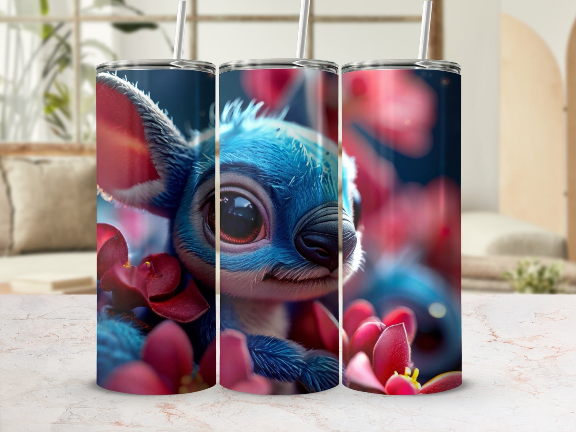 Three Stitch tumblers with red flowers against a blurred background.