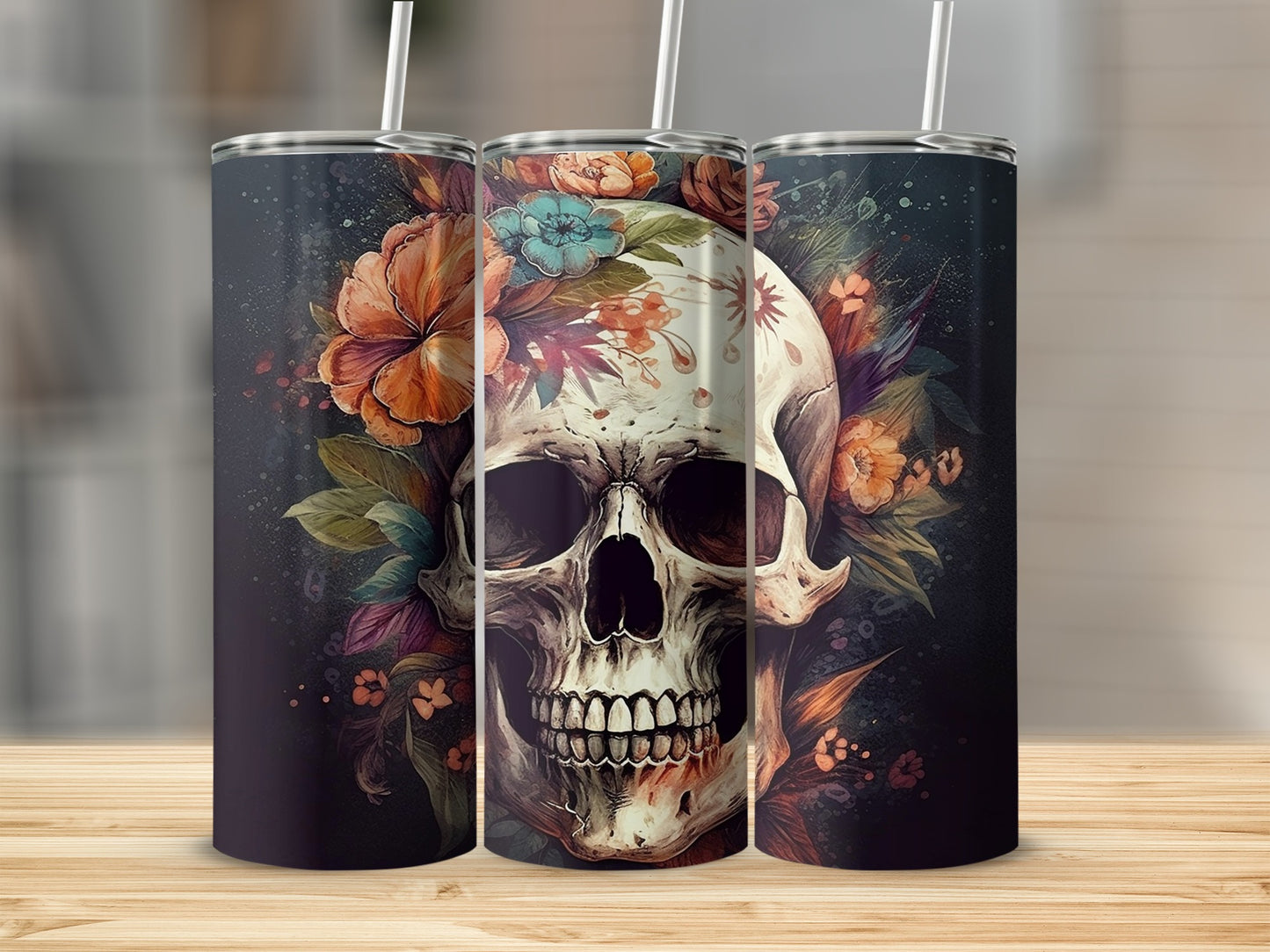 Floral Skull Art Tumbler with Detailed Design