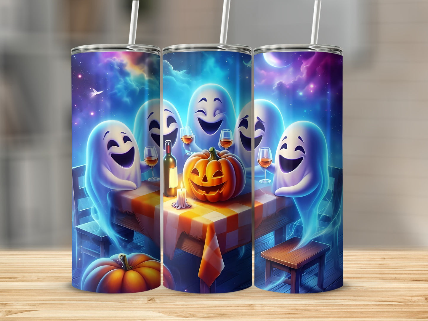 Halloween scene with laughing ghosts, pumpkin, candle, and wine glasses around a table.