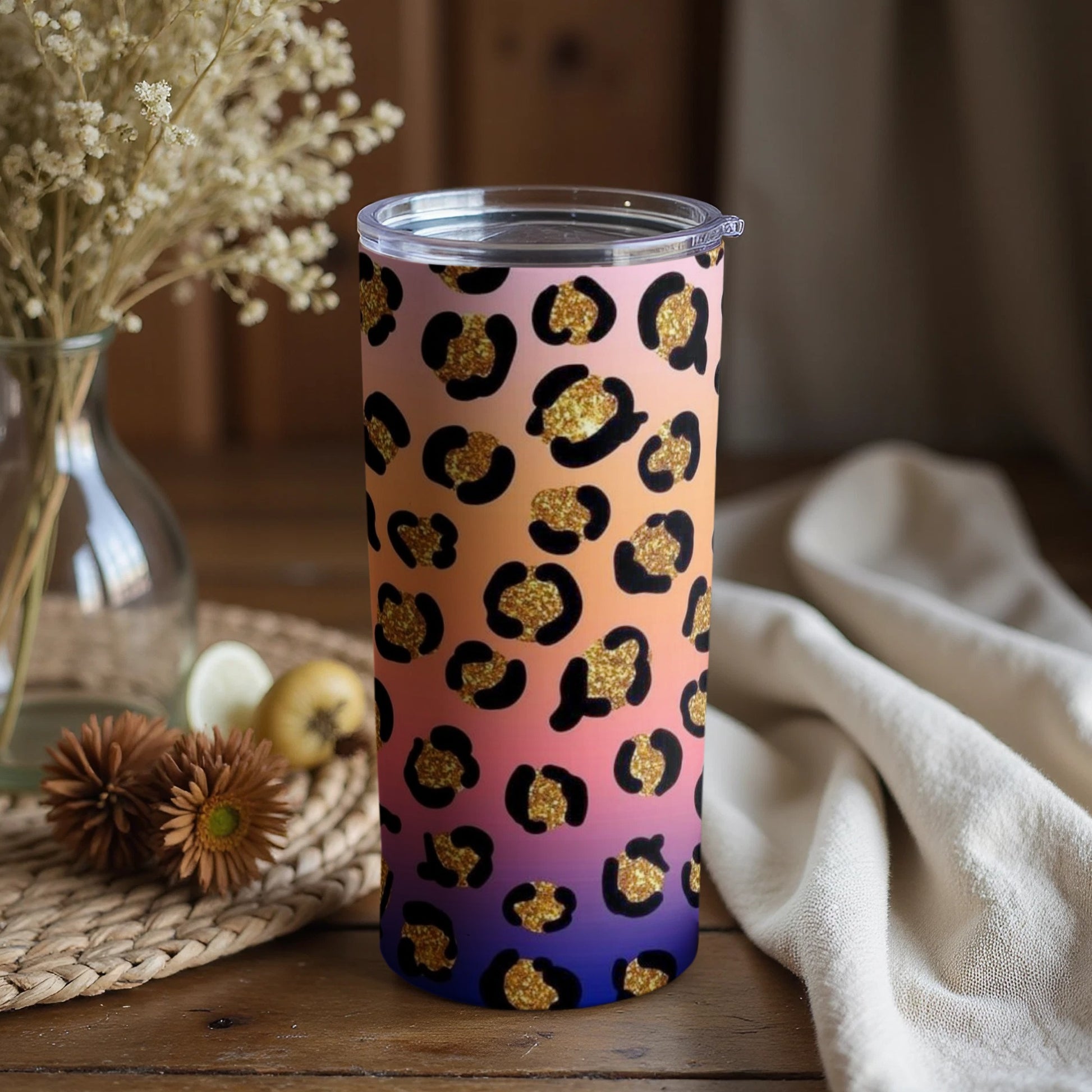 Glittered Leopard Print Insulated Stainless Steel Tumbler