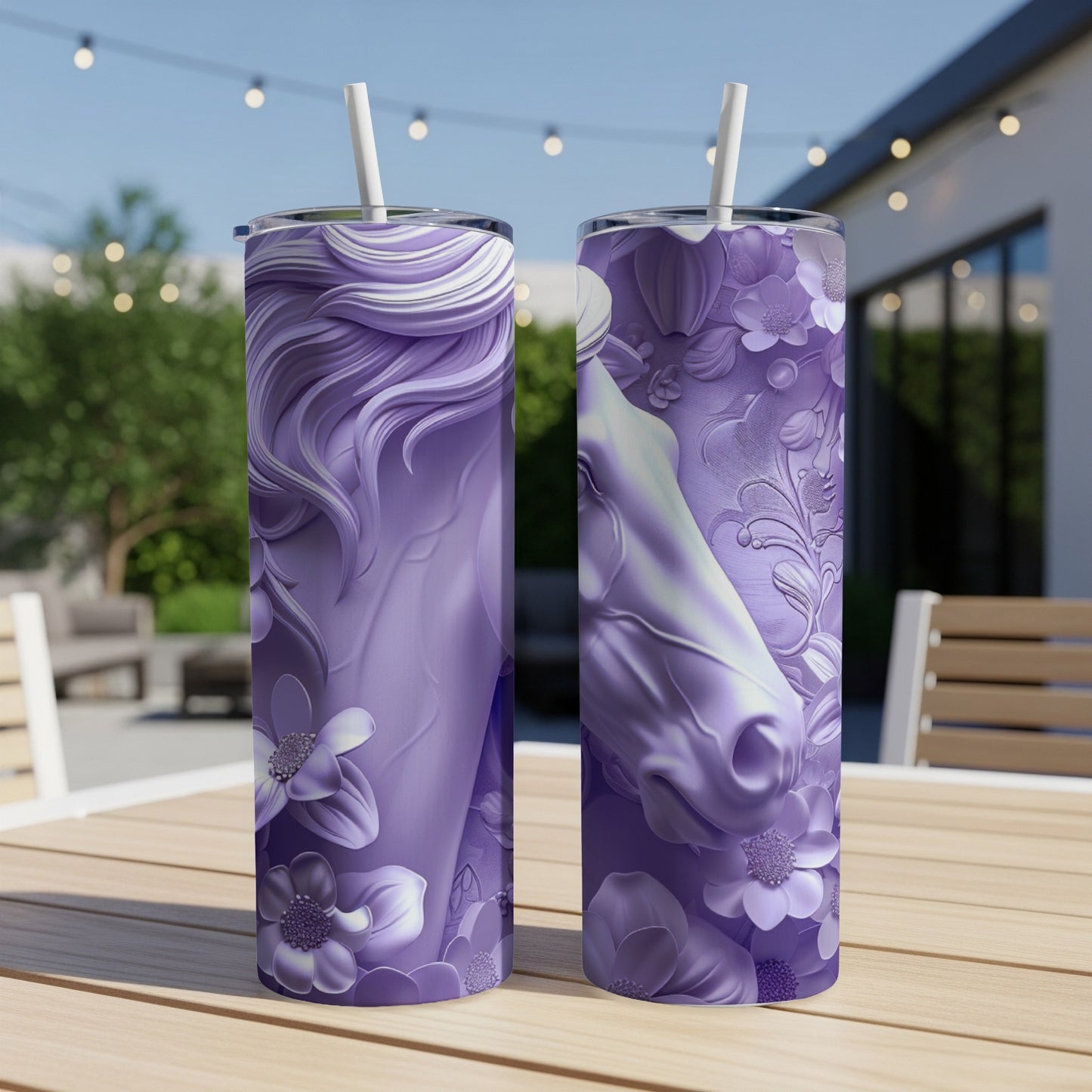 Purple tumbler with a horse and floral design on an outdoor table.